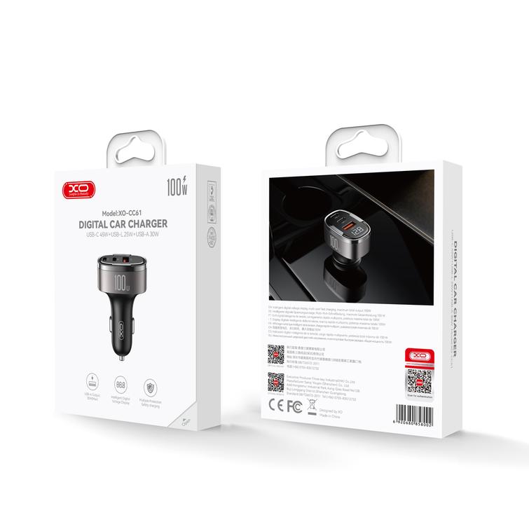 XO autolaturi CC61 PD QC 3.0 100W 1x USB 1x USB-C 1x Lightning harmaa