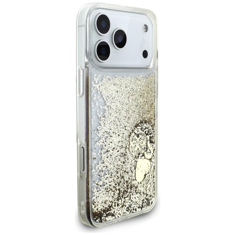 Guess Liq. Glitter 4 Charms -suojakuori iPhone 17 Pro Maxille, kulta