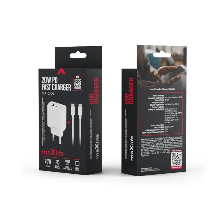 Maxlife MXTC-06-20AC PD QC laturi 1x USB-C 1x USB 20W valkoinen + USB-C - USB-C kaapeli 20W