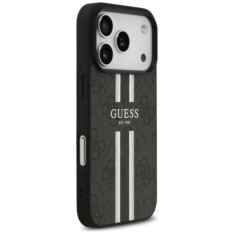 Guess 4G Printed Stripes MagSafe -suojakuori iPhone 17 Prolle, musta