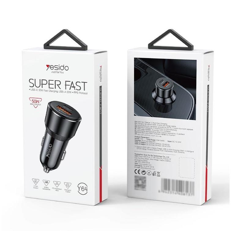 YESIDO CAR CHARGER Y64 50W FAST CHARGING USB-A+C BLACK