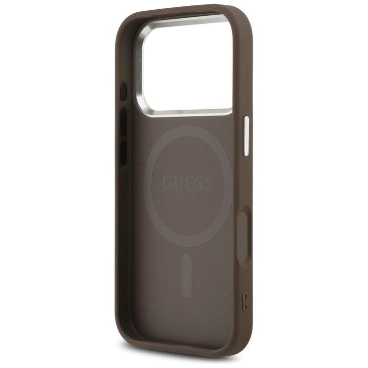 Guess Case Magsafe 4G PU-nahkakotelo kolmiologolla ja hopeisella metallisella kamerakehyksellä iPhone 17 Prolle, ruskea