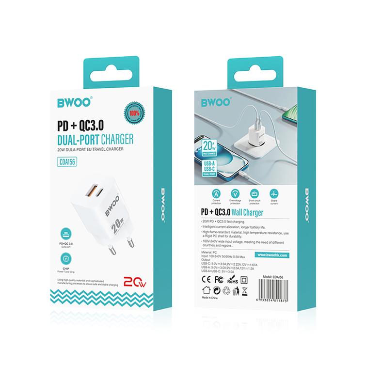 BWOO CDA156 PD -sein&auml;laturi 1x USB-C 1v USB 20W valkoinen