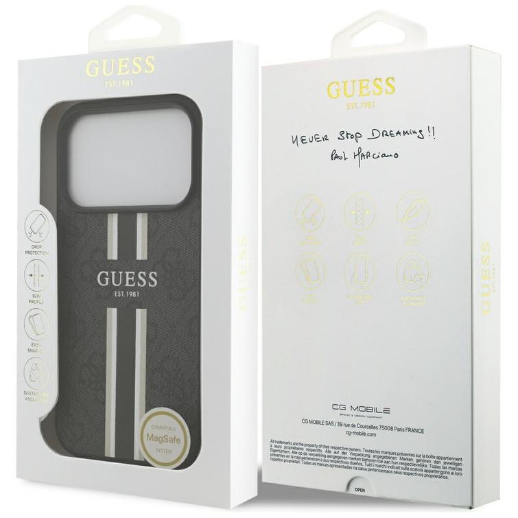Guess 4G Printed Stripes MagSafe -suojakuori iPhone 17 Prolle, musta