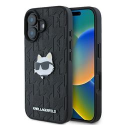 Karl Lagerfeld iPhone 16 6,1" -puhelimen kuoret, KLHCP16SPGKLCHPK, musta, kova monogrammikuvioinen Choupette-kuvioinen neulap&auml;&auml;.
