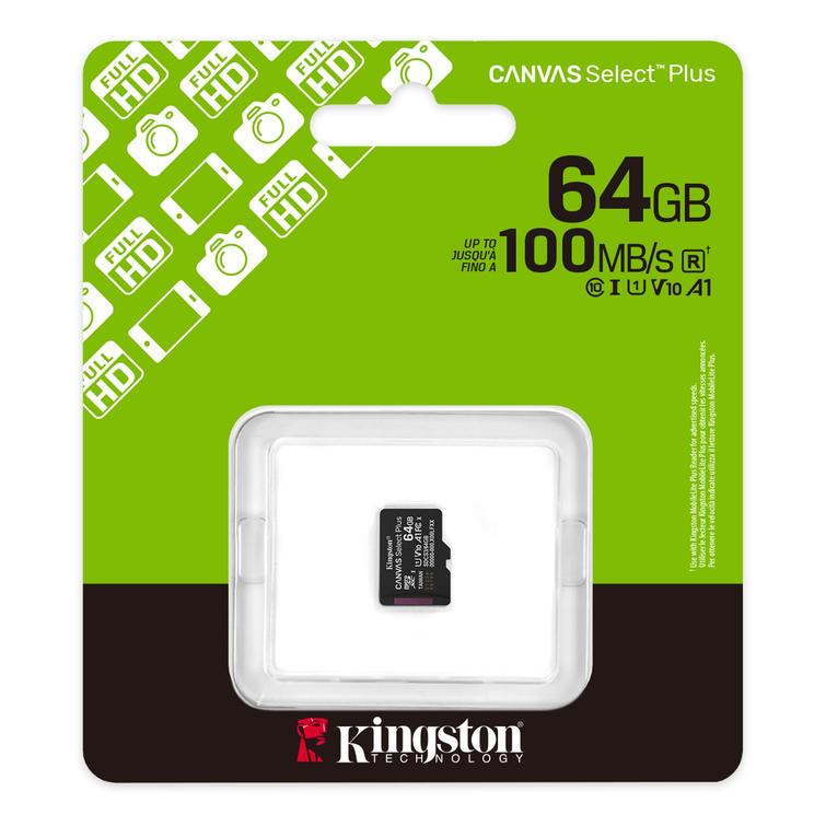 Kingstonin muistikortti 64GB SDXC Canvas Select Plus Gen3 100MB/s C10 UHS-I U1 V10