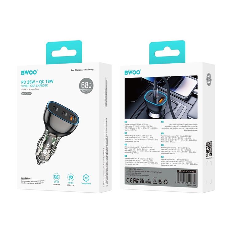 BWOO PD autolaturi 2x USB-C-portti + USB-A 68W musta