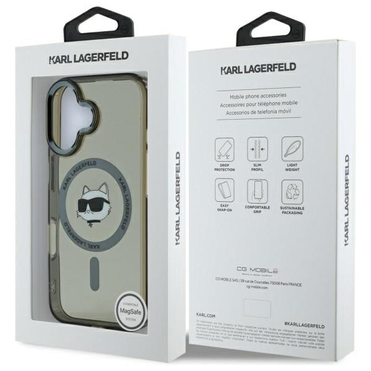 Karl Lagerfeld iPhone 16 6,1" KLHMP16SHLSCHK -suojakuori, musta. Kova IML-kuori metallikuorella, MagSafe-päällä.