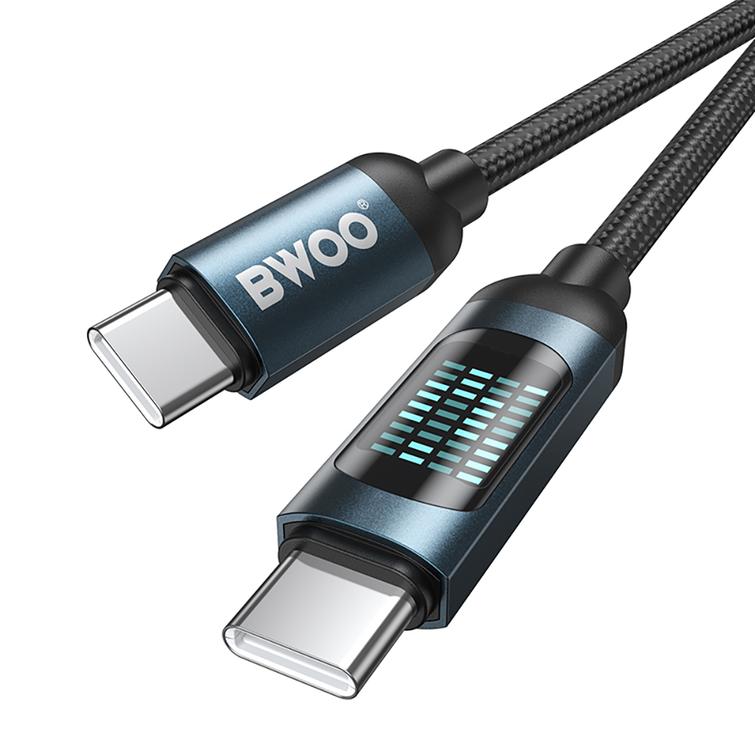BWOO USB-C - USB-C-kaapeli 1m 60W LED-n&auml;yt&ouml;ll&auml;, punottu, musta