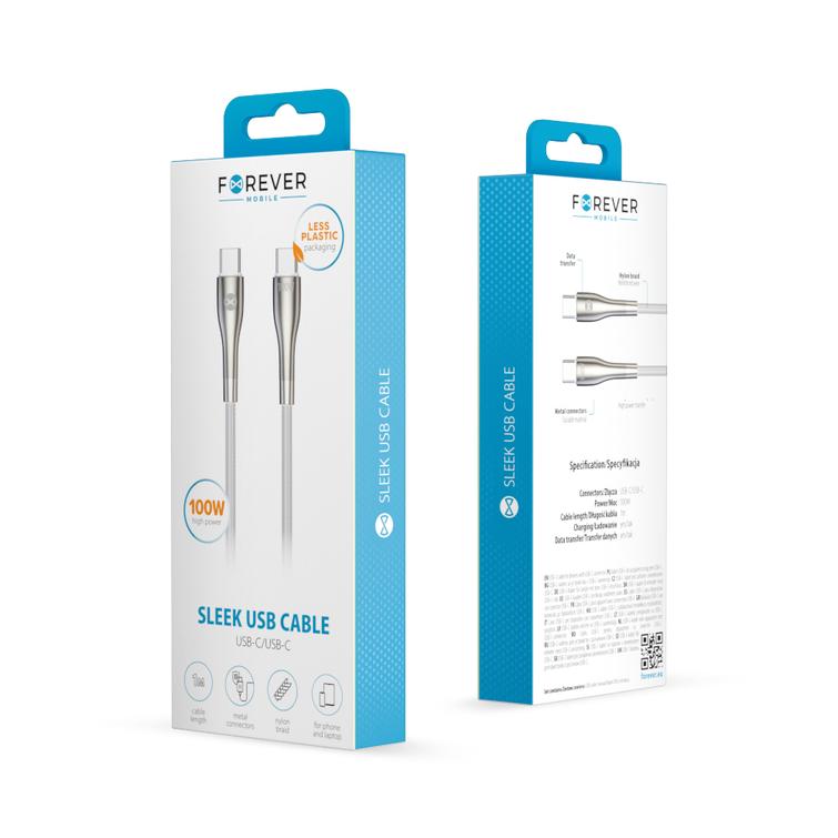 Forever Sleek -kaapeli USB-C - USB-C 1,0 m 100W valkoinen