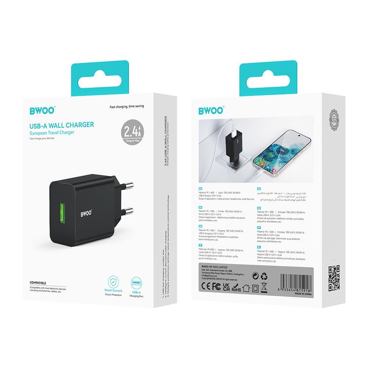 BWOO-sein&auml;laturi CDA249 5V 2,4A USB-A, musta