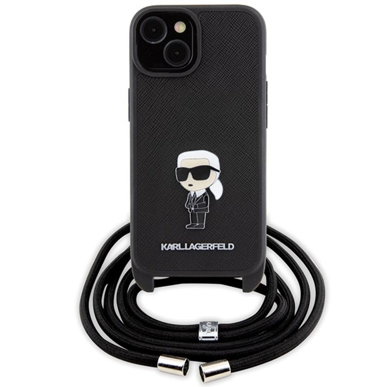 Karl Lagerfeld iPhone 15 6,1" suojakuori KLHCP15SSASKNPSK musta HC Saffiano Ikonik Metal Pin Monogram Crossbody -suojakuori.
