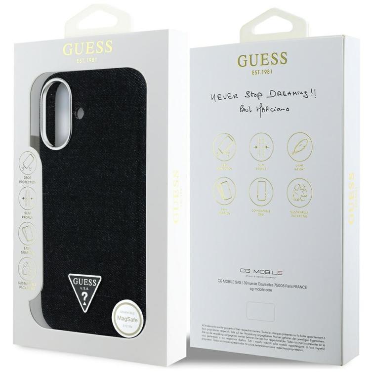 Guess HC MagSafe FW Denim Triangle Logo -kotelo iPhone 16 -puhelimelle, musta