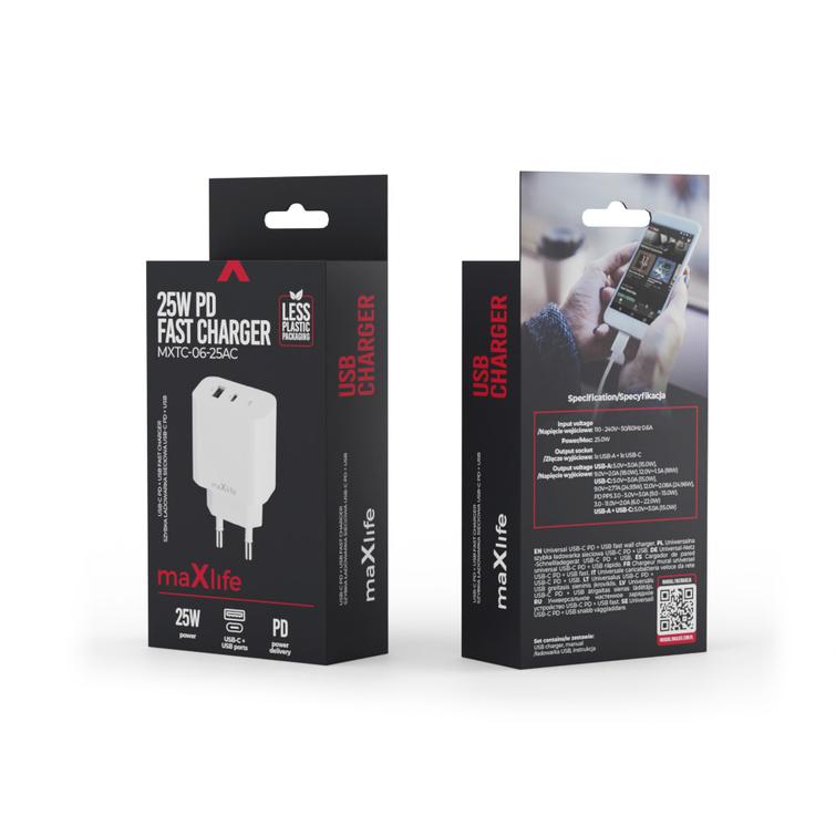 Maxlife MXTC-06-25AC PD QC laturi 1x USB-C 1x USB 25W valkoinen