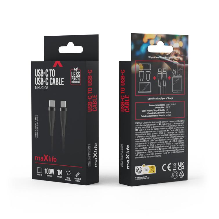 Maxlife MXUC-08 kaapeli USB-C - USB-C 1,0 m 100W musta nailon