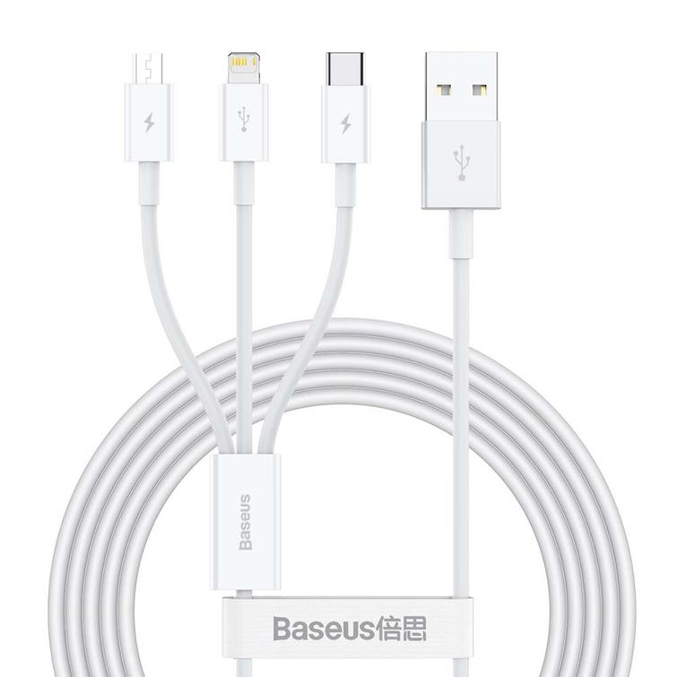 Baseus-kaapeli 3in1 Superior USB - Lightning + USB-C + microUSB 1,5 m 3,5A valkoinen
