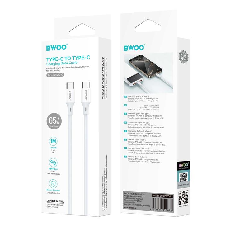 BWOO-kaapeli USB-C - USB-C 1m 60W ABS + TPE X282 C-C valkoinen