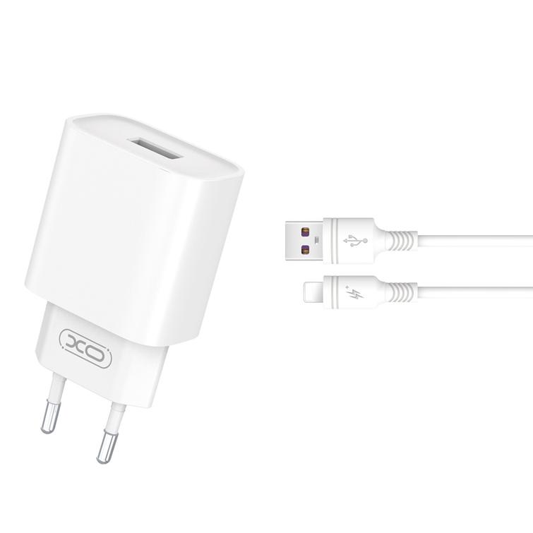 XO-seinälaturi CE02D QC 3.0 18W 1x USB valkoinen + Lightning-kaapeli