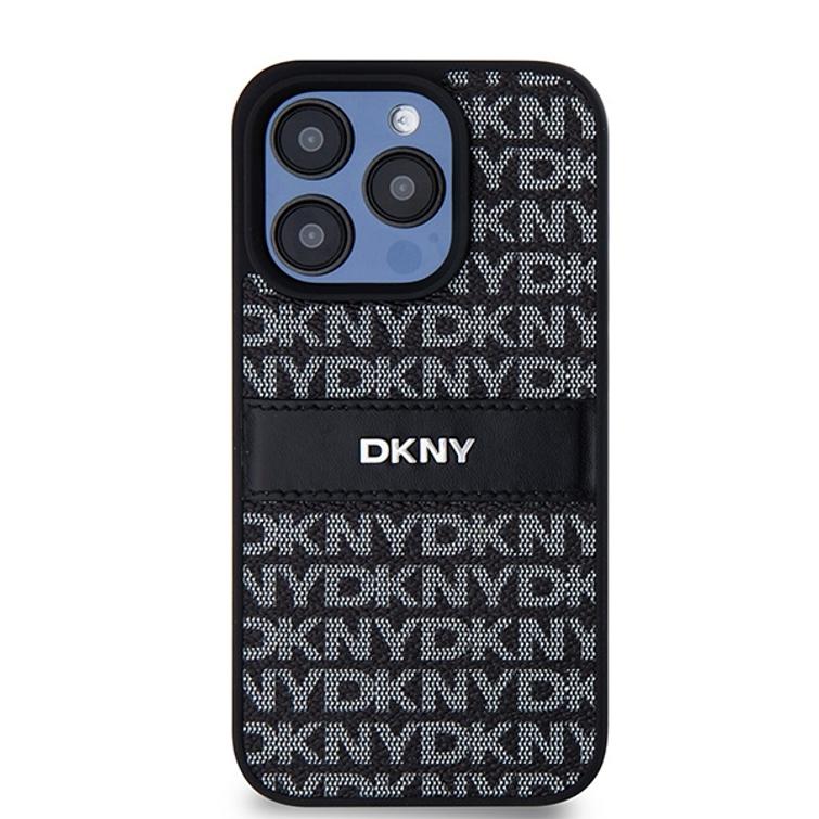 DKNY-suojakuori iPhone 15 Pro Max 6,7":lle DKHCP15XPRTHSLK musta HC PU -kuvioitu toistuva tekstuurikuvio s&auml;vyraidalla.