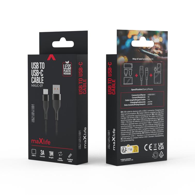 Maxlife MXUC-07 kaapeli USB - USB-C 1,0 m 3A musta nailon
