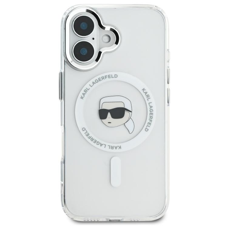 Karl Lagerfeld iPhone 16 6,1" -puhelimen suojakuori, KLHMP16SHLSKIH, valkoinen, kova IML-suoja, metallinhohtoinen Karl Head MagSafe -naaras.