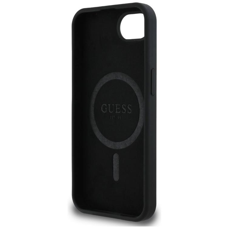 Guess HC Silicone Script Metal Logo -suojakuori iPhone 16e:lle, musta