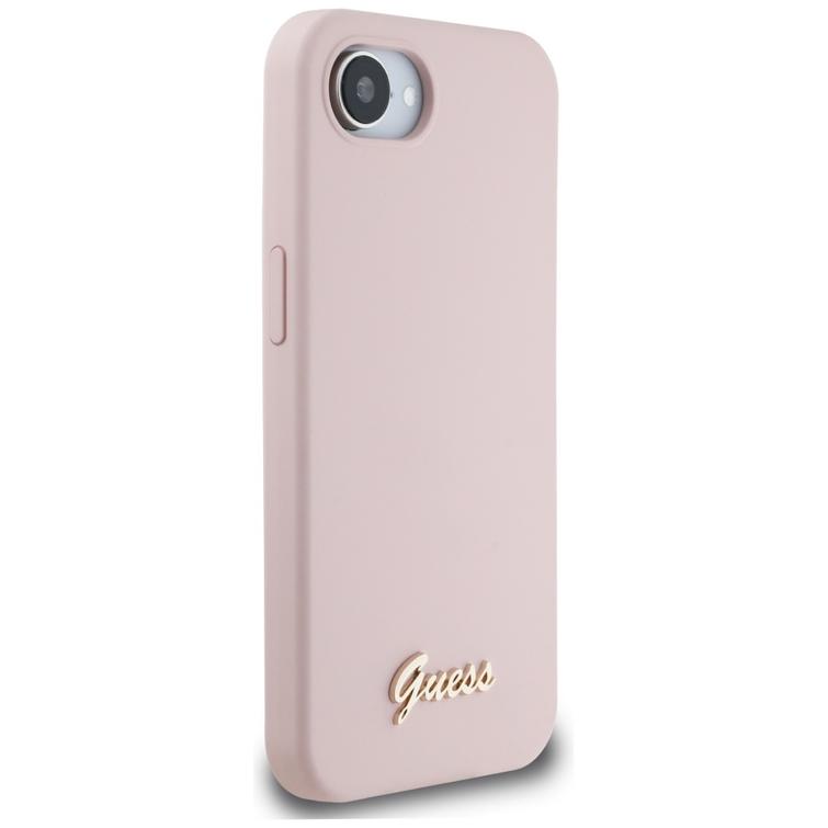 Guess HC Silicone Script Metal Logo -suojakuori iPhone 16e:lle, pinkki