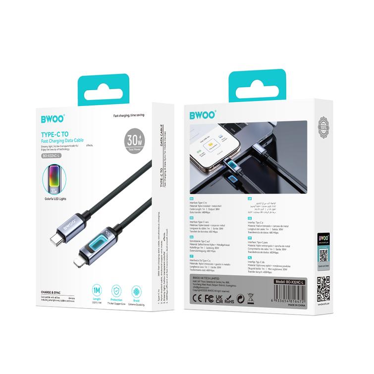 BWOO X324CL punottu pikalatauskaapeli valonäytöllä PD 27W USB-C - Lightning