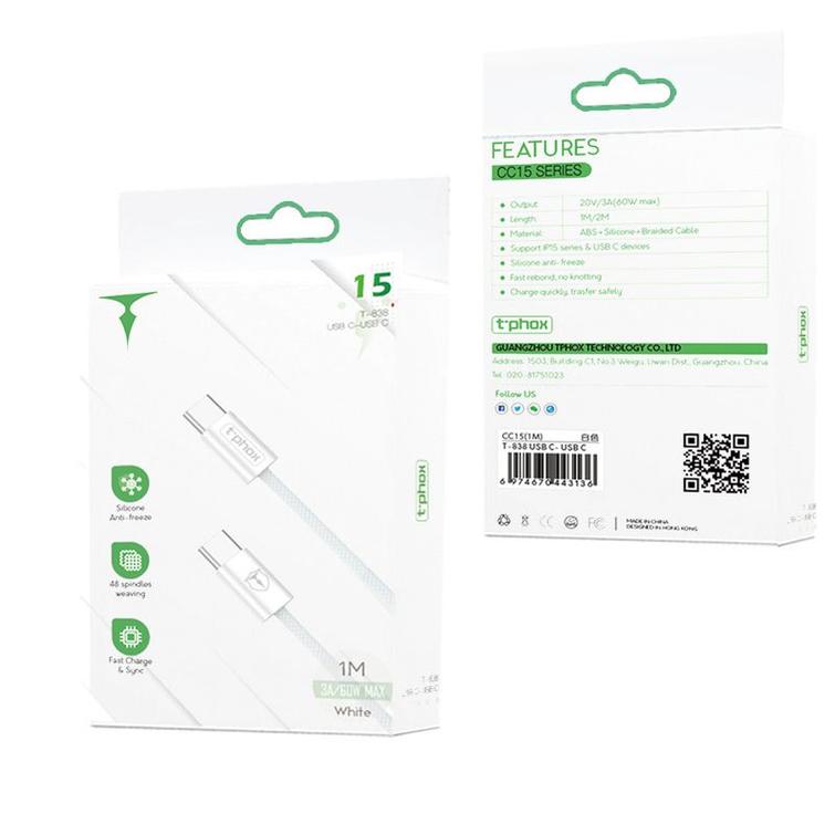 T-PHOX CC15 SERIES USB-C/USB-C CABLE 60W 3A WHITE