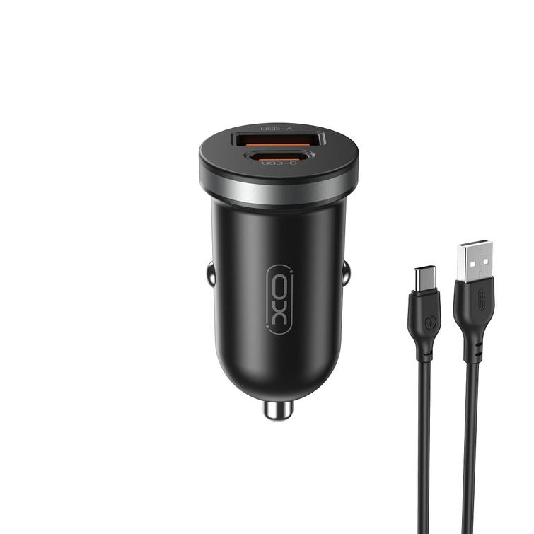 XO autolaturi CC56 PD 30W QC 1x USB 1x USB-C musta + USB - USB-C -kaapeli