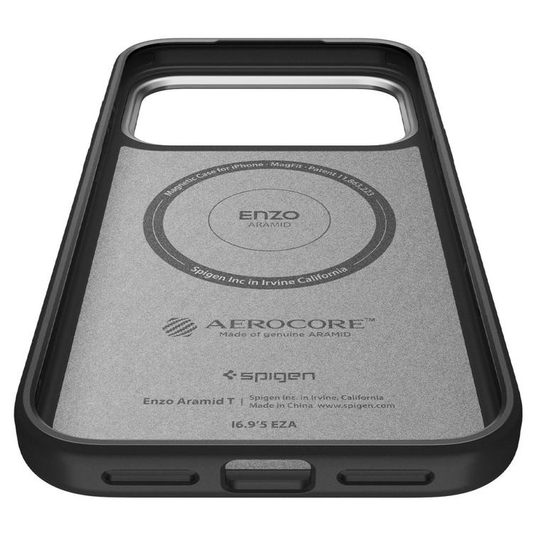 Spigen Enzo Aramid ”T” Mag Magsafe -kotelo iPhone 17 Prolle, musta/hopeinen