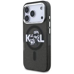 Karl Lagerfeld -kotelo, Magsafe IML -kimallekotelo, metallinen kamerakehys ja napit, Karl and Choupette -luonnoslogo iPhone 17 Prolle, läpinäkyvä