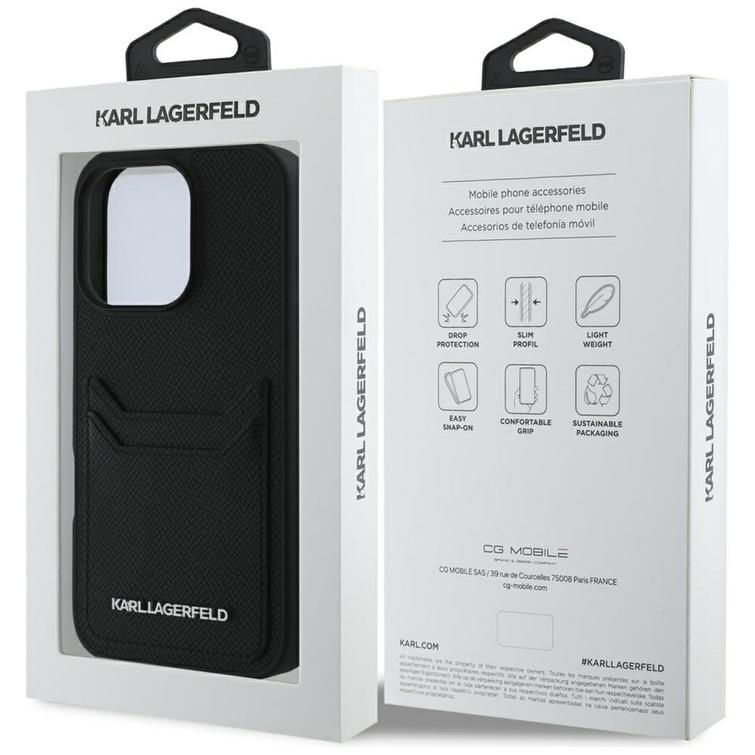 Karl Lagerfeld HC Grained PU CardSlot Metal Elong -suojakuori iPhone 16 Prolle, musta