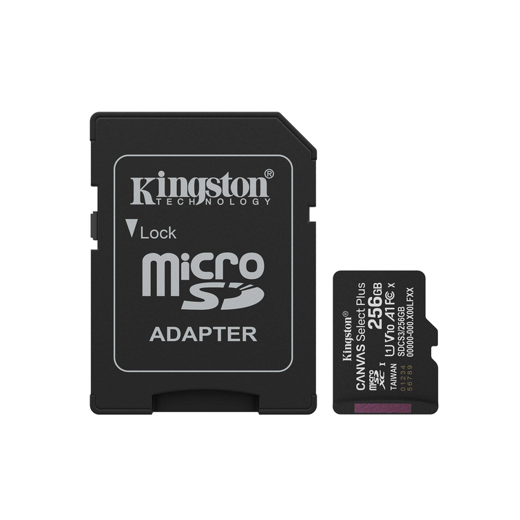 Kingstonin muistikortti 256GB microSDXC Canvas Select Plus Gen3 150MB/s A1-kortti + sovitin