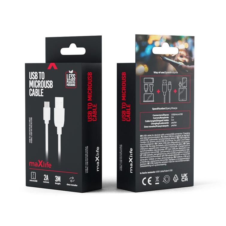 Maxlife-kaapeli USB - microUSB 3,0 m 2A valkoinen