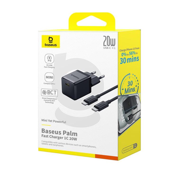 Baseus Palm Fast Charger Wall Charger 20W 1×USB-C Wall Charger + Cable Cluster Black