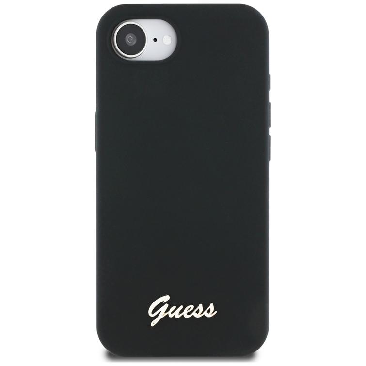 Guess HC Silicone Script Metal Logo -suojakuori iPhone 16e:lle, musta