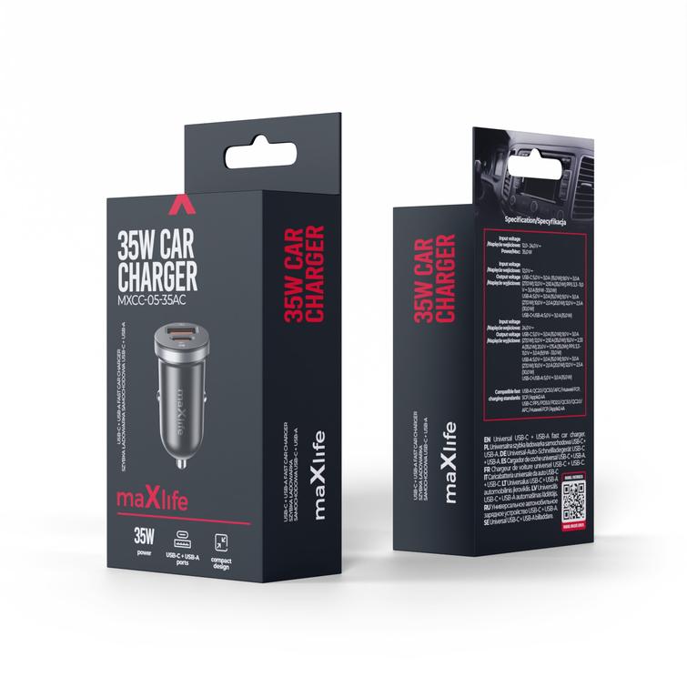 Maxlife MXCC-05 PD QC autolaturi 1x USB-C 1x USB 35W musta