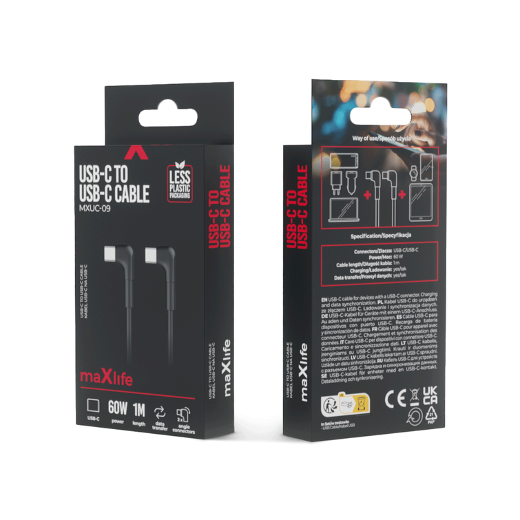 Maxlife MXUC-09 kulmakaapeli USB-C - USB-C 1,0 m 60W musta