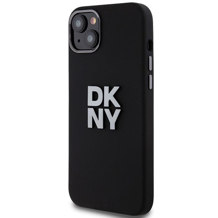 DKNY iPhone 15 Plus 6,7" -puhelimen suojakuori DKHCP15MSMCBSK, musta HC-silikoni ja pinomainen metallilogo.