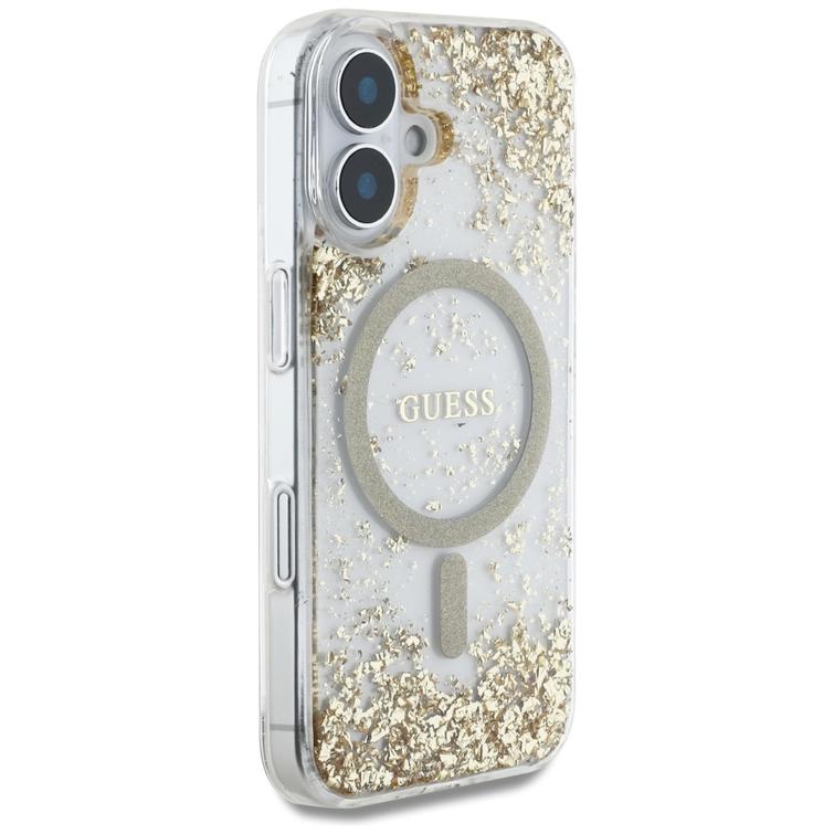 Guess HC Resin Bottom Glitter -suojakuori iPhone 16:lle, MagSafe, kulta