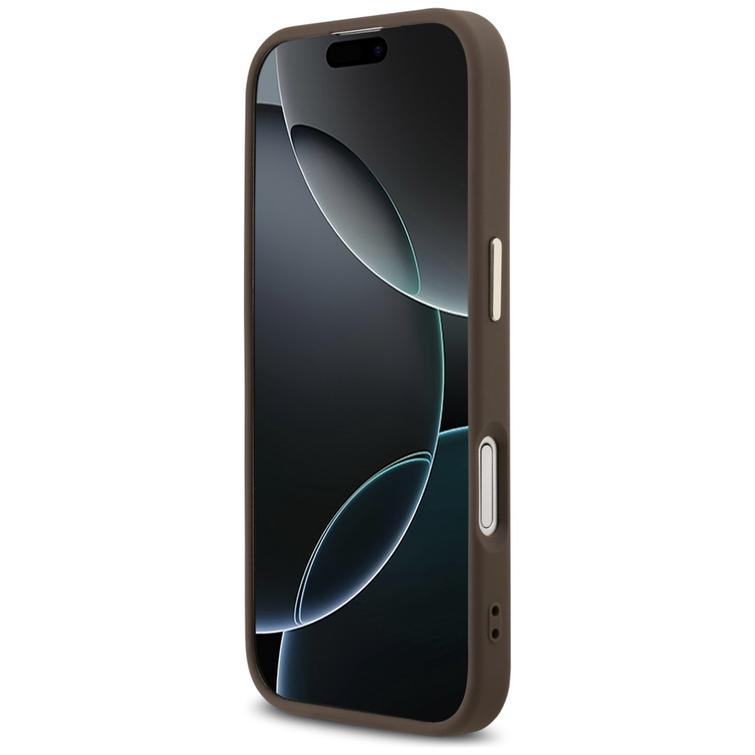 Guess Magsafe 4G PU-nahkakotelo iPhone 17:lle, musta, kolmiologolla ja kultaisella metallisella kamerakehyksellä.