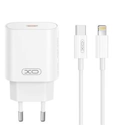 XO sein&auml;laturi CE25 PD 25W 1x USB-C valkoinen + USB-C-kaapeli - Lightning