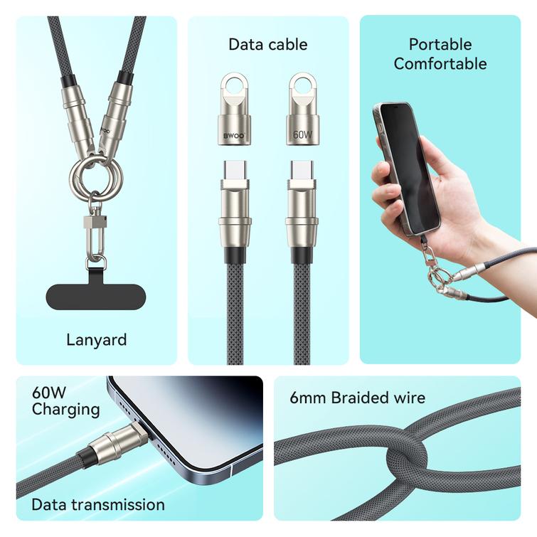 BWOO-hihnakaapeli USB-C - USB-C 0,3 m 60 W hihnalla