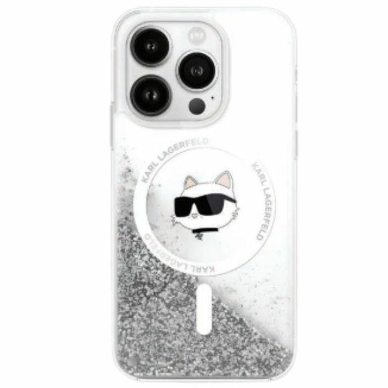 Karl Lagerfeld -kotelo iPhone 16 6,1":lle. KLHMP16SLGCHSGH -läpinäkyvä, kovaa nestemäistä glitteriä muistuttava Choupette Head MagSafe -suojakuori.