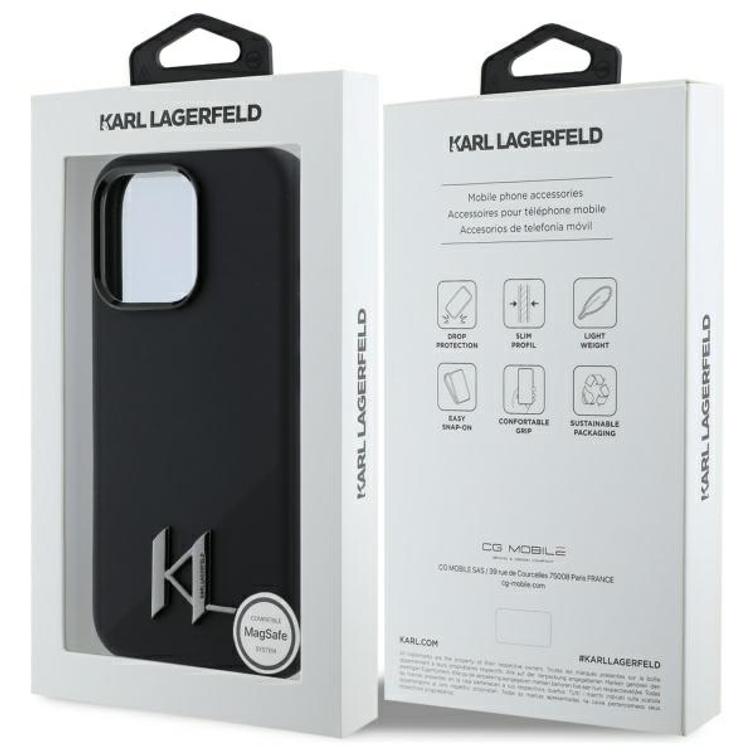 Karl Lagerfeld iPhone 16 Pro 6,3" -puhelimen kuoret KLHMP16LSCMKMPCK musta kova silikoninen Shadow Metal Initial MagSafe -suojakuori