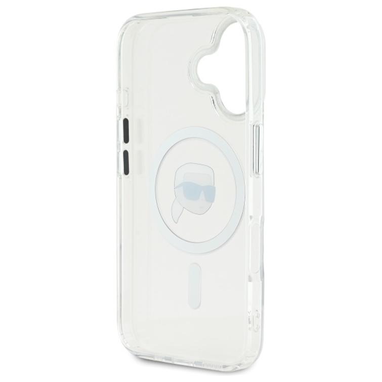 Karl Lagerfeld iPhone 16 6,1" -puhelimen suojakuori, KLHMP16SHLSKIH, valkoinen, kova IML-suoja, metallinhohtoinen Karl Head MagSafe -naaras.