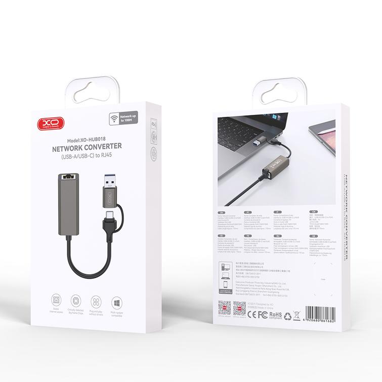 XO-sovitin HUB HUB018 2w1 USB-USB-C - RJ45 harmaa
