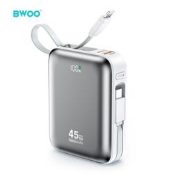 BWOO-varavirtal&auml;hde P77 45W, 10000 mAh USB-C- ja Lightning-kaapelilla, harmaa