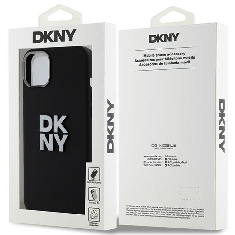DKNY iPhone 15 Plus 6,7" -puhelimen suojakuori DKHCP15MSMCBSK, musta HC-silikoni ja pinomainen metallilogo.